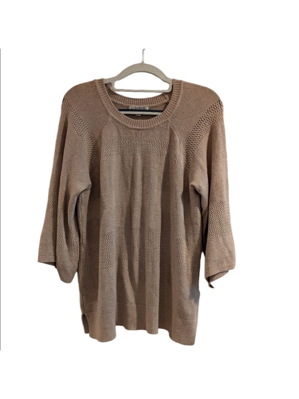 Liverpool Los Angeles Ladies Tan Crew Neck Sweater, Size Large,3/4 Raglan Sleeve